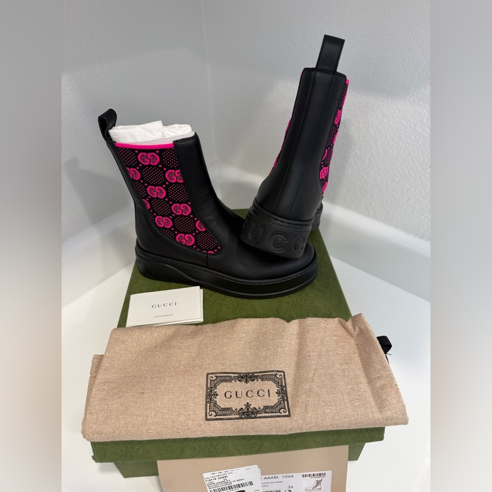 Gucci Dali Soft GG Pink Supreme Technical Jersey Marmont Ankle Boots, Sz 36 NWB - Picture 4 of 14